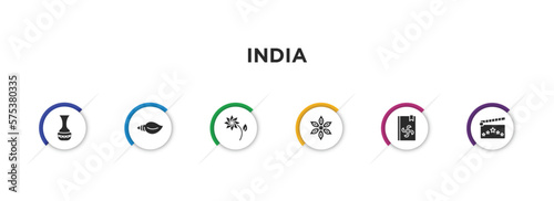 india filled icons with infographic template. glyph icons such as indian vase, biju janata dal, lakshmi, anise, vedas, vector.