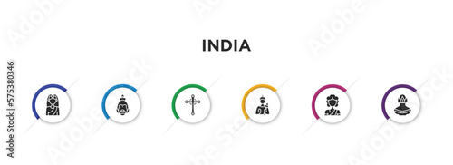 india filled icons with infographic template. glyph icons such as , hanuman, gtic, vishnu, woman, kumbh kalash vector.