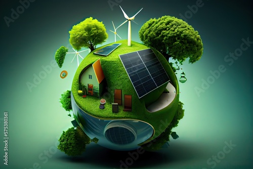 Generative AI illustration of Green enterprises that rely on renewable energy can reduce climate change and global warming. without any emissions of carbon dioxide, a clean environment