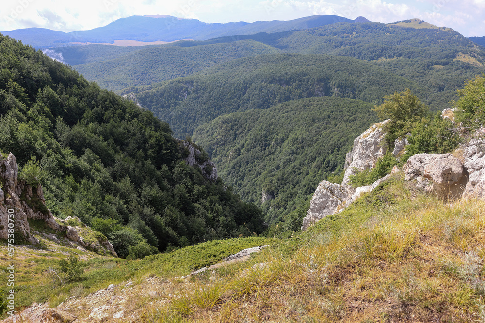 View from above into an Italian gorge in Abruzzo with mountains and forests in summer.