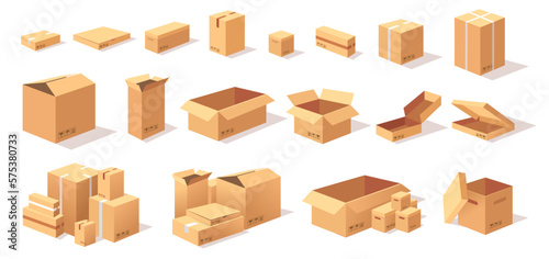 Opened and closed cardboard box. Vector illustration.