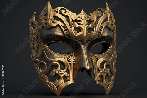 Halloween mask in gold on a grey background, ready for sale. Generative AI