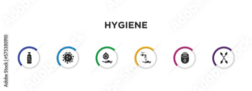 hygiene filled icons with infographic template. glyph icons such as chlorine, pathogen, sanitary, ablution, epliator, cotton swabs vector.