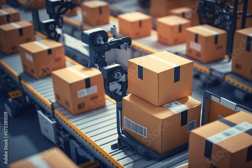 Modern logistics warehouse robots are sorting packages. AI technology generated image © onlyyouqj