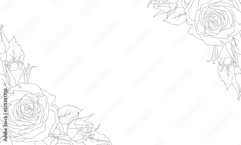 Rectangular frame of a rose and leaves in line art style. Vector illustration. Hand drawn flower. Black and white drawing.For the design of wedding invitations, greeting cards, labels, business cards Rectangular frame of a rose and leaves in line art style. Vector illustration. Hand drawn flower. Black and white drawing.For the design of wedding invitations, greeting cards, labels, business cards