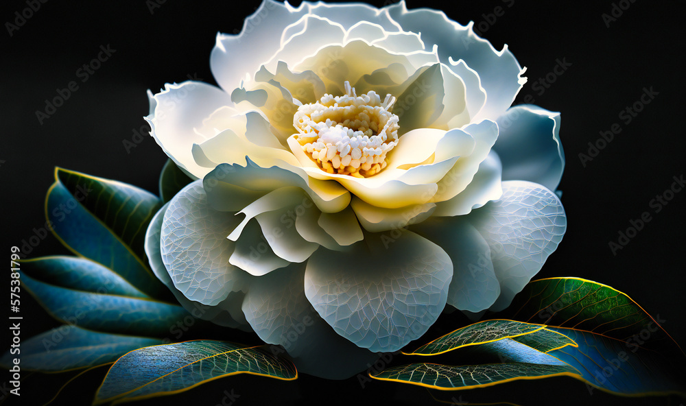 A white camellia, its intricate layers of petals and delicate center captured in a close-up shot