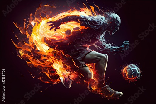 Generative AI illustration of the essence of a soccer player in motion as they kick a ball with intense energy, surrounded by vibrant colors and splashes