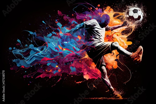 Generative AI illustration of the essence of a soccer player in motion as they kick a ball with intense energy, surrounded by vibrant colors and splashes © CravenA