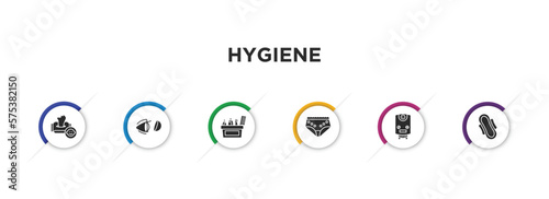 hygiene filled icons with infographic template. glyph icons such as baby wipe, lens, hygiene kit, underwear, water heater, hygienic pad vector.