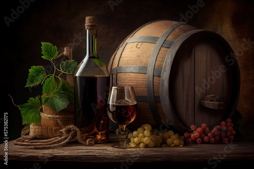 Generative AI illustration of wine with wooden barrel, hay and grape