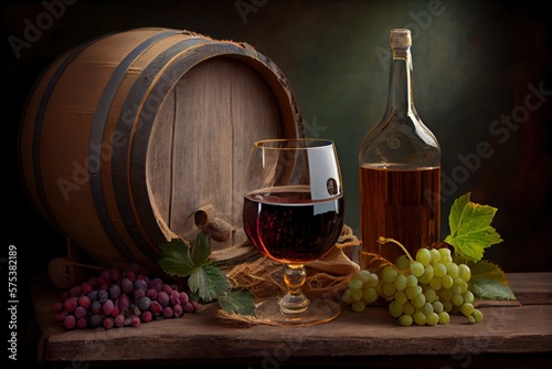 Generative AI illustration of wine with wooden barrel, hay and grape photo