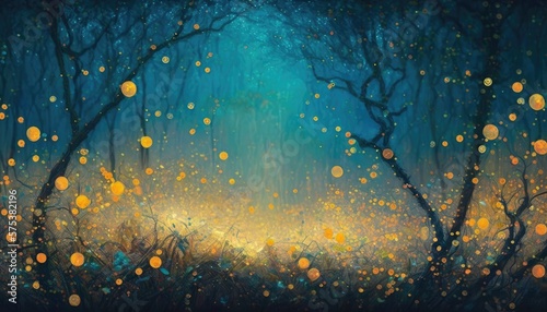 Magical firefly field at night. Lightning bugs in an enchanted landscape. Abstract glowing wallpaper background. © Fox Ave Designs