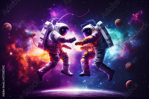 Generative AI illustration of two astronauts, dressed in spacesuits, are floating in zero gravity while dancing closely. The background is a breathtaking view of the galaxy, with stars and nebulae © CravenA