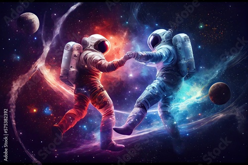 Generative AI illustration of two astronauts, dressed in spacesuits, are floating in zero gravity while dancing closely. The background is a breathtaking view of the galaxy, with stars and nebulae