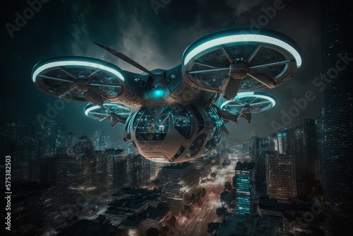 Urban air mobility at night fly across city. Air taxi, UAM urban air mobility, Public aerial transportation, Passenger Autonomous Aerial Vehicle AAV in futuristic city. Generative AI photo