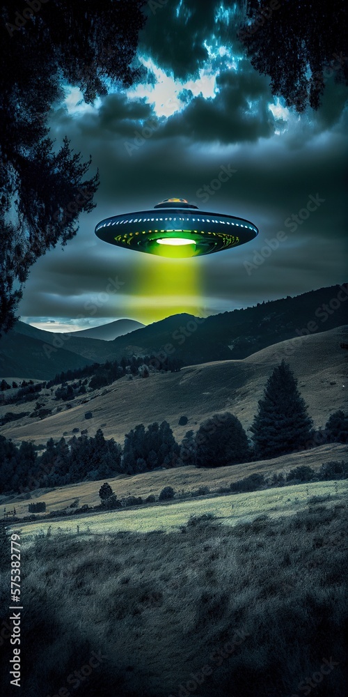 Generative AI illustration of a stationary UFO hovering in the hills ...