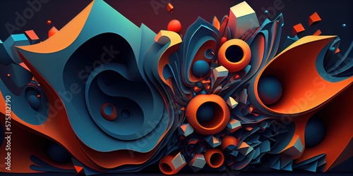 Generative AI illustration of a futuristic abstraction, featuring a 3D background with dynamic shapes and colors