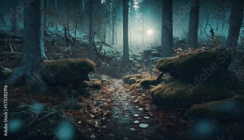 Eerie leaves in the forest. Foggy stone path through the trees. Abstract moss Woods. Woodland background wallpaper.