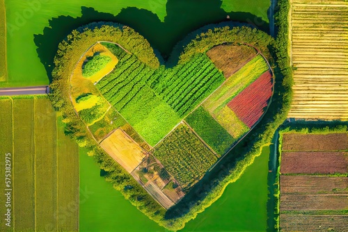 Generative AI illustration of an aerial photo showcasing vast fields with a variety of crops growing on them, using the permaculture and poly culture principles, which are beneficial for the ecology photo