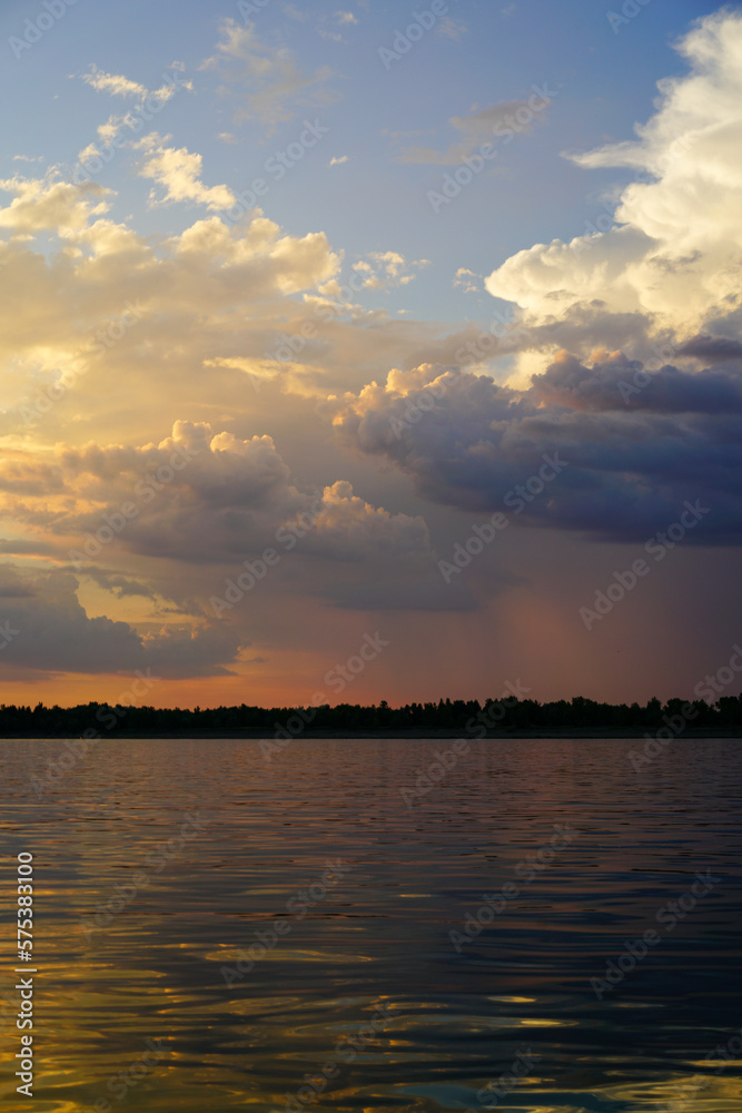 Expressive summer sunset on the Volga river.