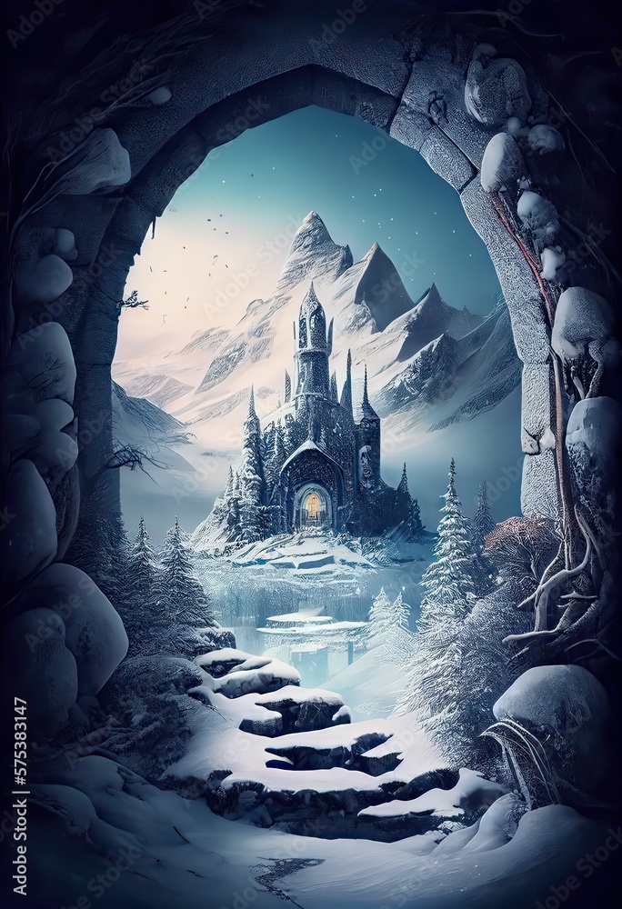 Generative AI illustration of enchanting winter castle in a magical snowy landscape