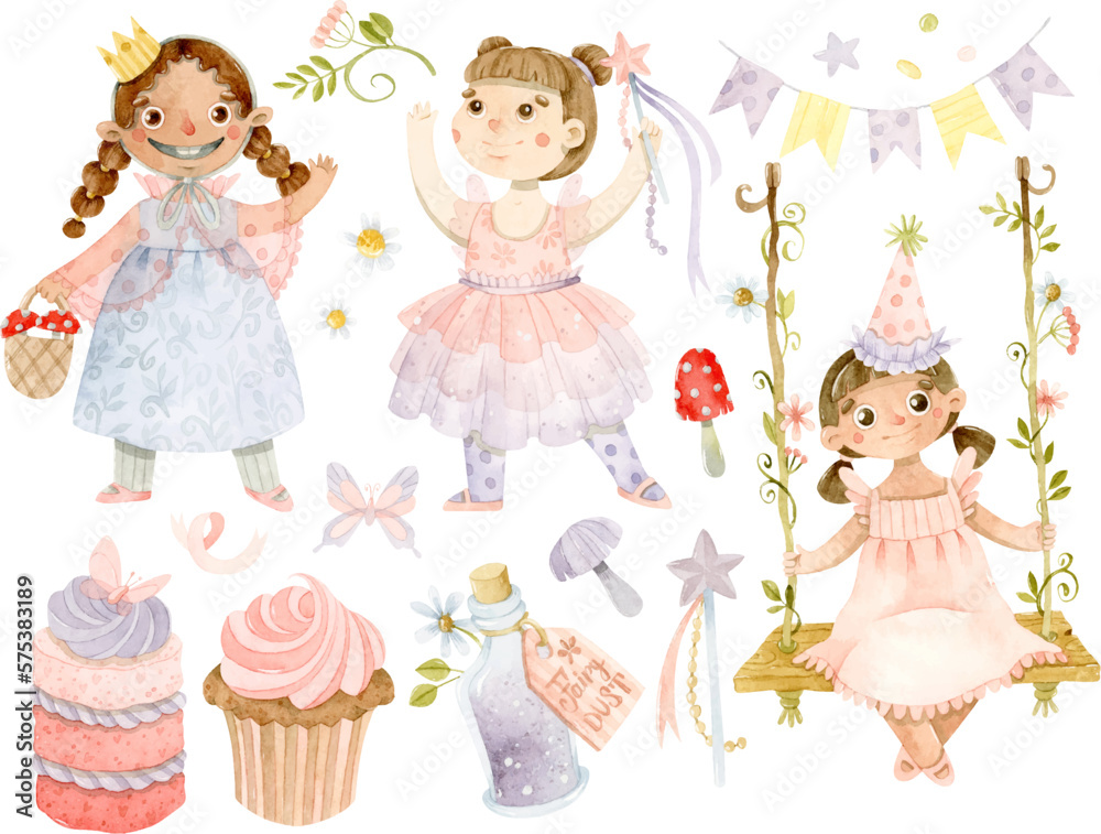 Watercolor birthday girls, cakes, garland and botanical elements 