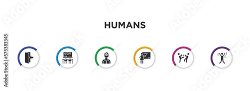 humans filled icons with infographic template. glyph icons such as come in, classroom, construction worker, teachers, fighting, pay in restaurant vector.