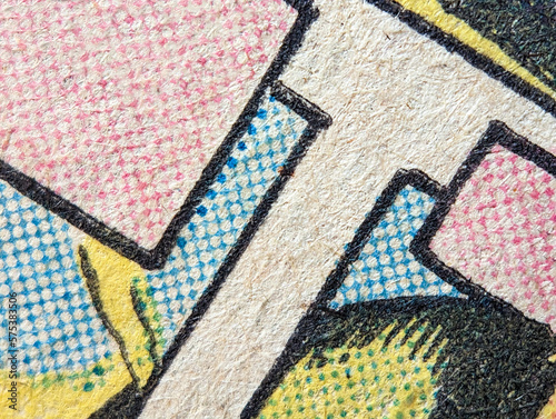 Closeup photo of a real vintage comic book panels with dot printing pattern on old paper texture background