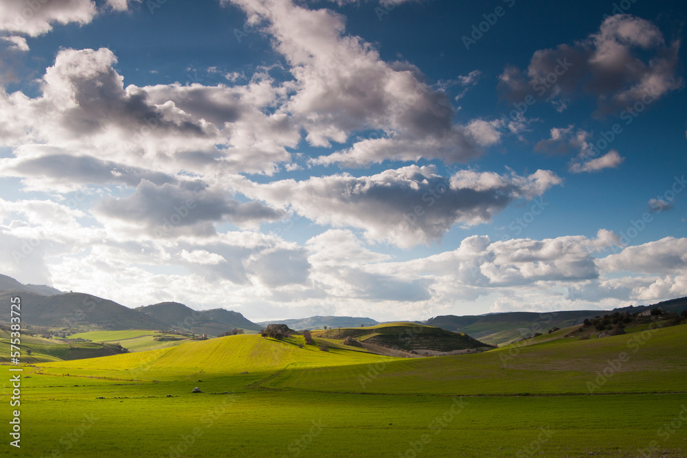 Scenic landscape of wavy hills with plowed marks on green and yellow grass, blue sky and clouds passing by. View from Mirabella Imbaccari, Sicily