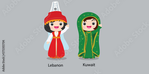 Lebanon in national dress with a flag.  woman in traditional costume. Travel to kuwait. People. Vector flat illustration.