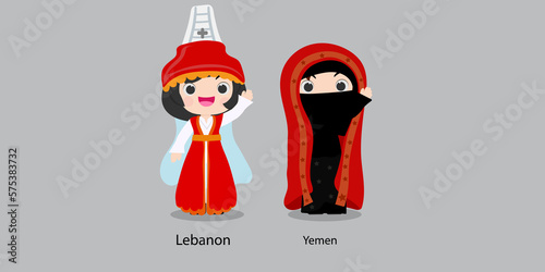 Lebanon in national dress with a flag.  woman in traditional costume. Travel to Yemen. People. Vector flat illustration. photo