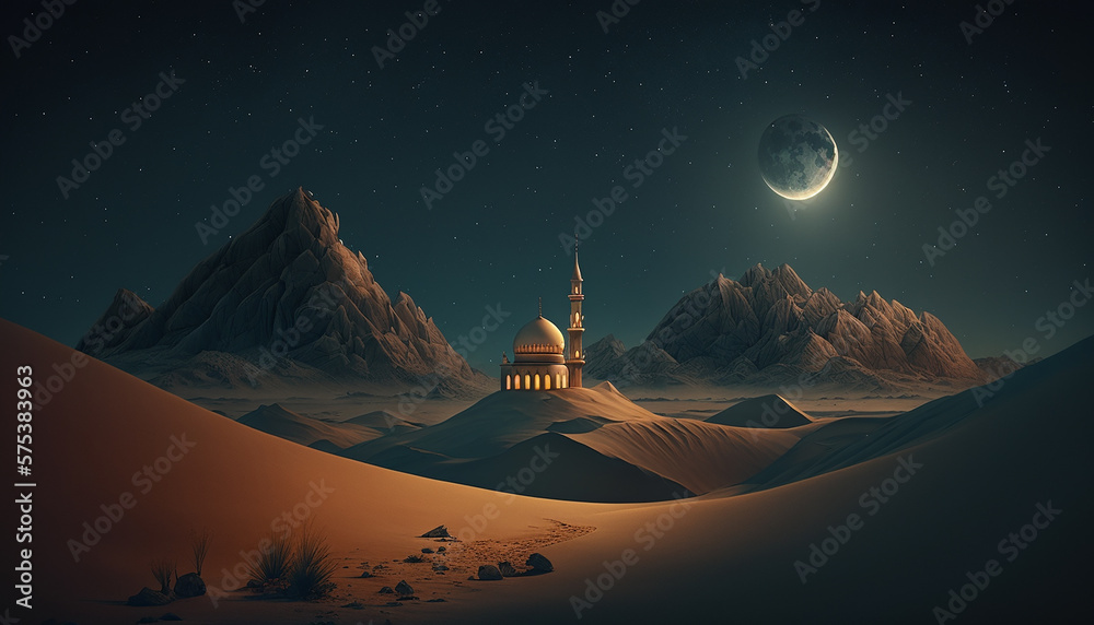 Mosque night view, sand and calm atmosphere mountain, Generate AI - obrazy, fototapety, plakaty 