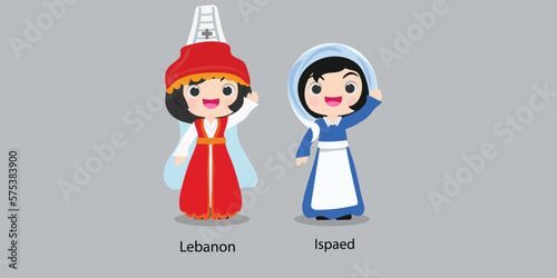 Lebanon in national dress with a flag.  woman in traditional costume. Travel to Ispaed. People. Vector flat illustration.
