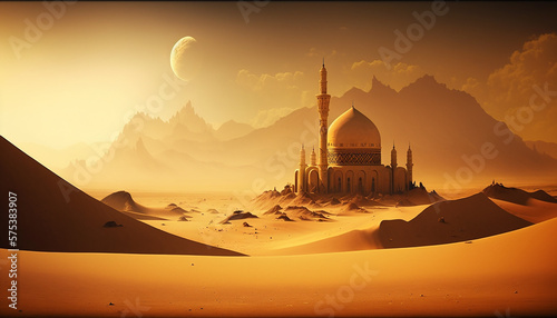 Mosque sun and sand mountain  Generate AI