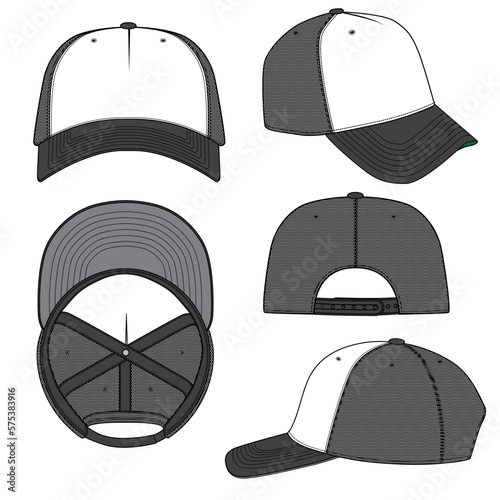 Blank Black Trucker hat flat mockup mock-up fashion technical template set	with seamless mesh pattern
