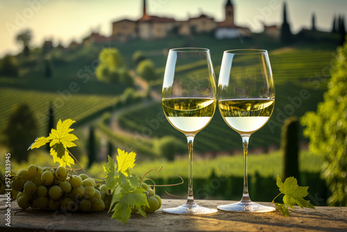 Vineyard with rows of grape vines with a glass of white wine. Generative ai