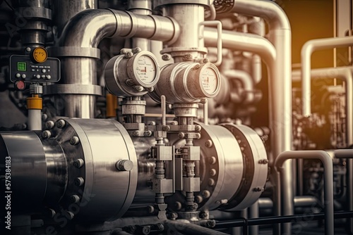 Location of Oil and Gas Manufacturing, Machinery used in the refining of crude oil, Pipes in an oil refinery, up close and personal. Pipes and valves in an oil refinery, close up. Generative AI