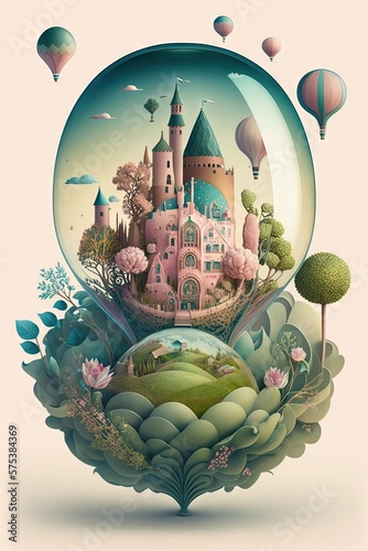 Festive artwork fantasy castle with hot air balloons. Sky kingdom with ink clouds. Fairytale illustration Generative AI
