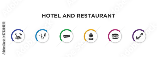 hotel and restaurant filled icons with infographic template. glyph icons such as beach, barbershop, reserved, servant, sandwich, or down vector.