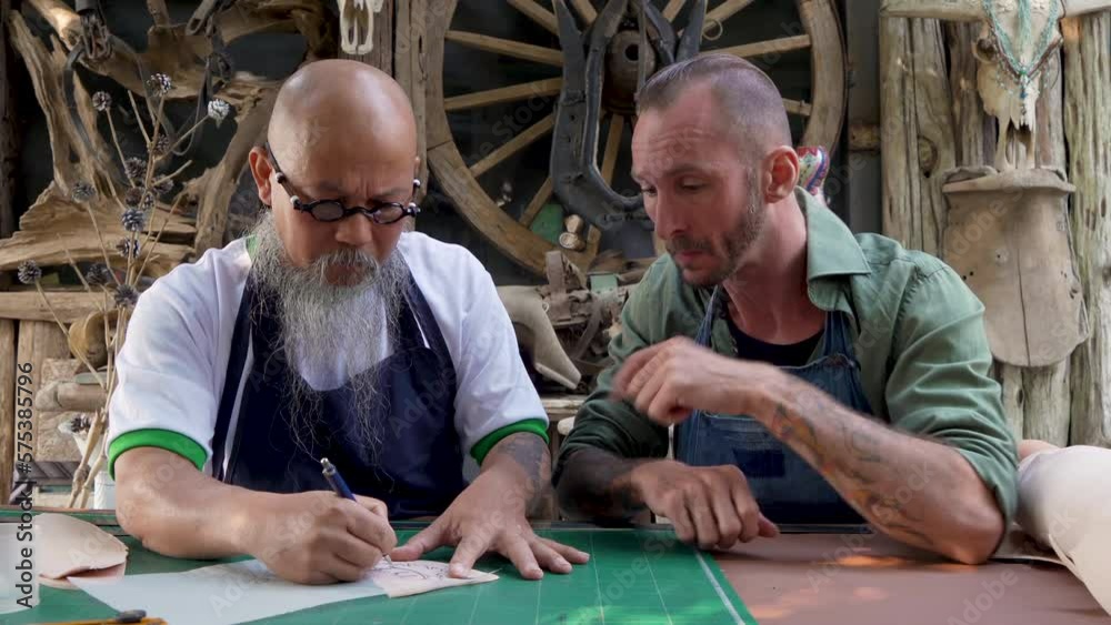 4K, technicians who are skilled in overlapping patterns pattern on cow leather, sitting here teaching drawing patterns on cowhide for young men who come study interested in handmade leather. 4K, technicians who are skilled in overlapping patterns pattern on cow leather, sitting here teaching drawing patterns on cowhide for young men who come study interested in handmade leather.