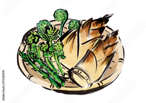 春野菜籠盛り手描き和風イラスト