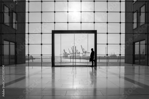 Foto Blick durch ein großes modernes Glasfenster, mittig eine große Glastür,  Gebäude