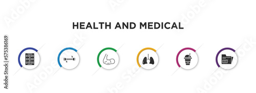 health and medical filled icons with infographic template. glyph icons such as contraceptive pills, chest expander, biceps, lung, juice, records vector.