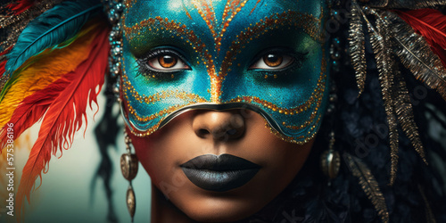 Close up portrait of a black woman wearing a carnival mask. party celebration. Generative ai