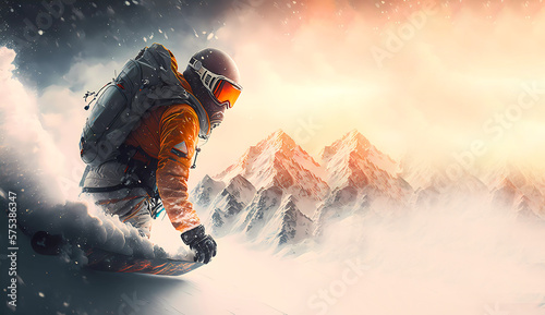 Snowboarder wearing full protective gear for extreme freeride snowboarding. Sport. Beautiful mountains background. Banner. Banner. Copy space. Generative AI
