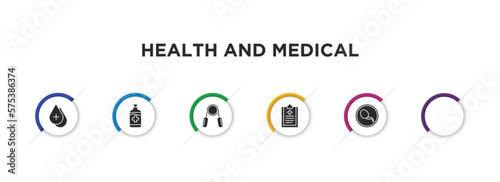 health and medical filled icons with infographic template. glyph icons such as poisonous, blood drop, syrup, handgrip, medical checklist, tonometer vector.