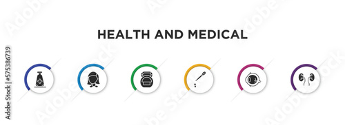 health and medical filled icons with infographic template. glyph icons such as medical substance, girl, kettlebell, pipette, ophthalmology, urology vector.