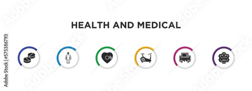health and medical filled icons with infographic template. glyph icons such as pills, body, beat, stationary bike, defibrillator, bio vector.