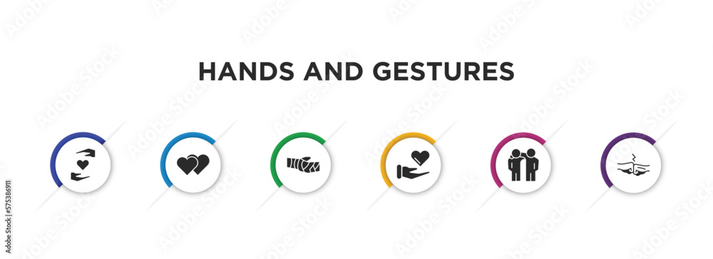hands and gestures filled icons with infographic template. glyph icons such as give love, heart, sling, giving love, friend, bump vector. hands and gestures filled icons with infographic template. glyph icons such as give love, heart, sling, giving love, friend, bump vector.