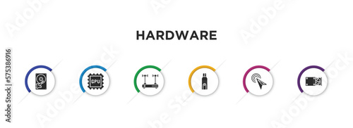 hardware filled icons with infographic template. glyph icons such as harddrive, gpu, modem with two antenna, flash card, mouse pointer, cd room vector.